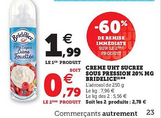 crème uht sucrée sous pression 20% mg bridélice