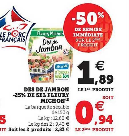 dés de jambon -25% de sel fleury michon