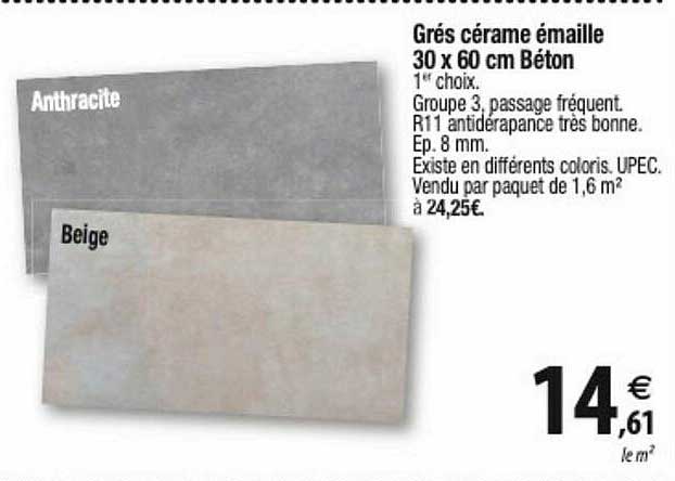 grés cérame émaille 30 x 60 béton