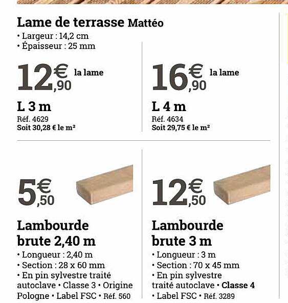 lame de terrasse mattéo lambourde brute 2.40 m lambourde brute 3 m