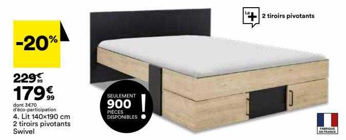lit 140 x 190 cm 2 tiroirs pivotants swivel