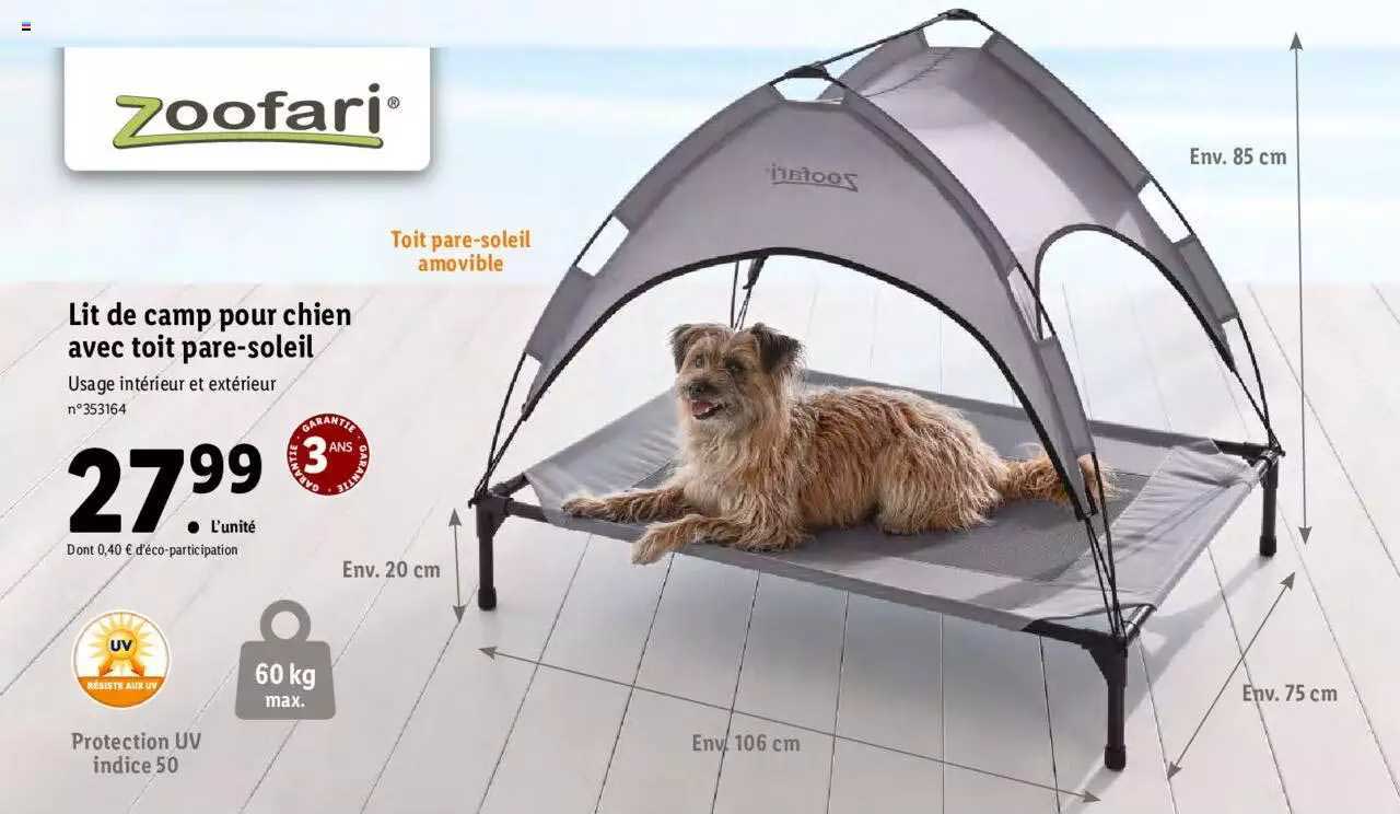 lit de camp pour chien avec toit pare-soleil zoofari
