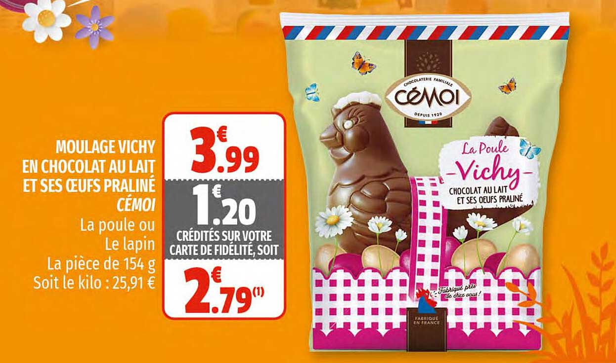 moulage vichy en chocolat au lait et ses oeufs praliné cémoi