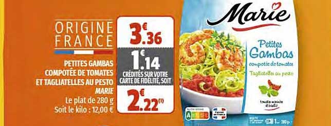 petites gambas compotée de tomates et tagliatelles au pesto marie