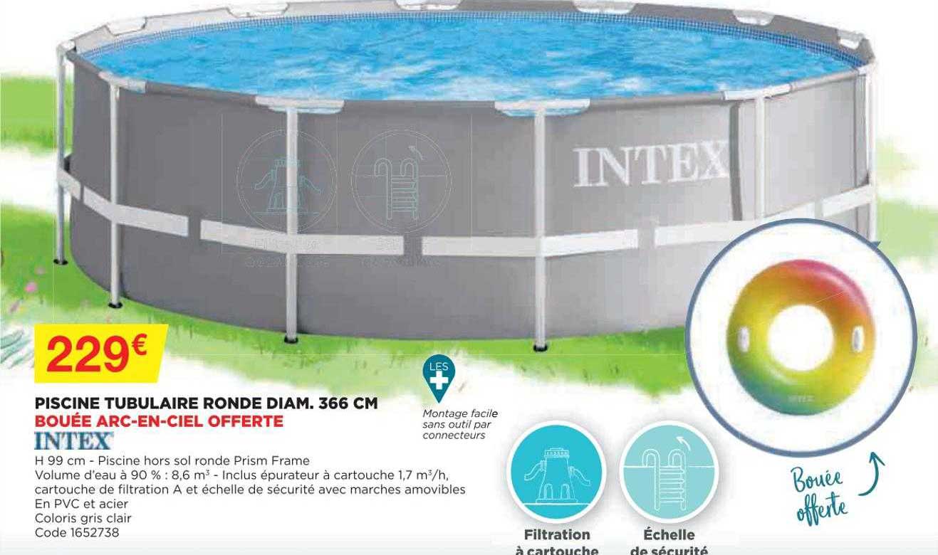 piscine tubulaire ronde diam. 366 cm bouée arc-en-ciel offerte intex