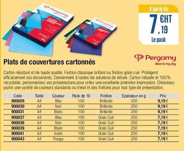 plats de couvertures cartonnés pergamy