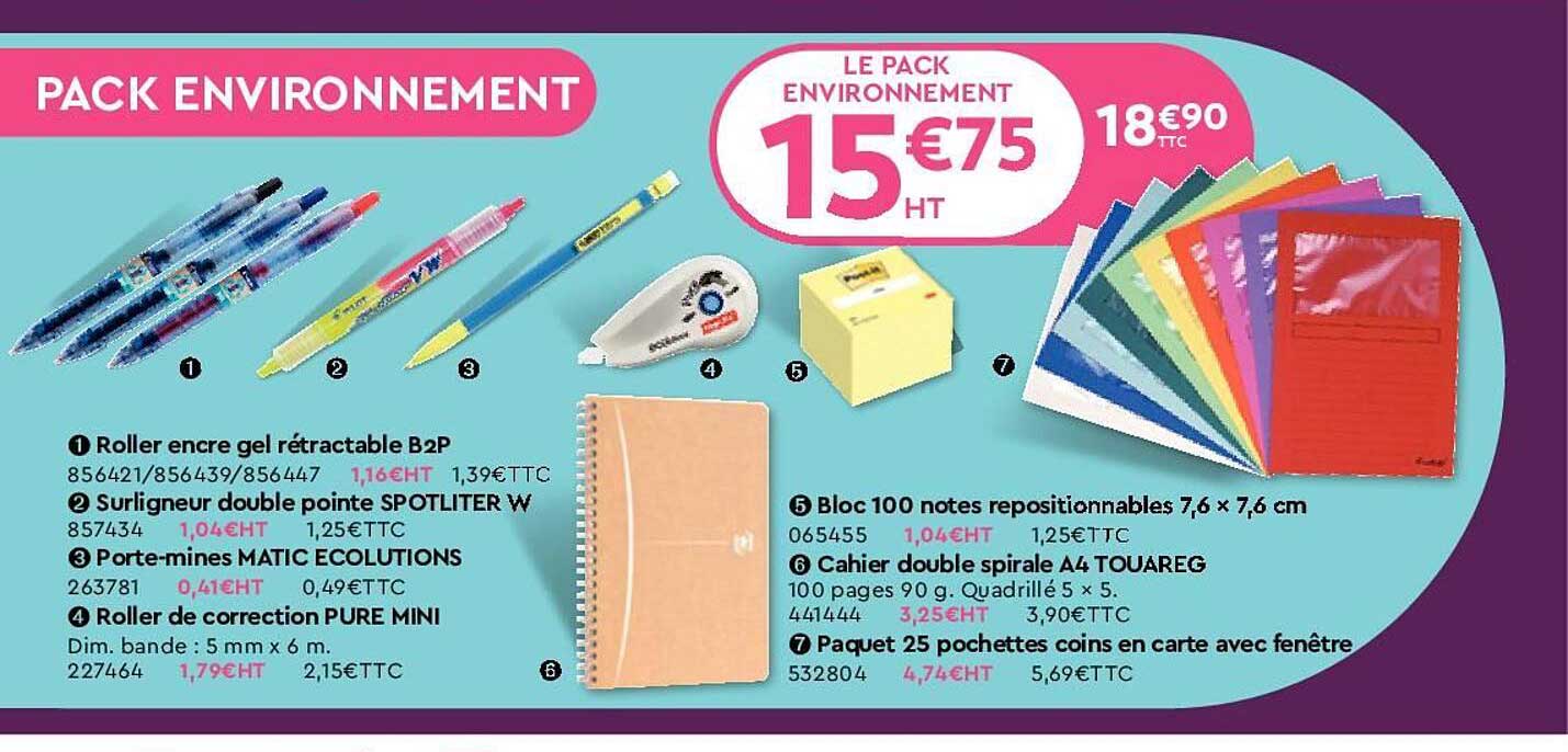 roller encre gel rétractable b2p, surligneur double pointe spotliter w, porte-mines matic écolutions, roller de correction pure mini, bloc 100 notes repositionnable 7,6 x 7,6 cm, cahier double spiral
