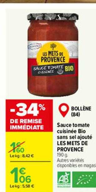 sauce tomate cuisinée bio sans sel ajouté les mets de provence