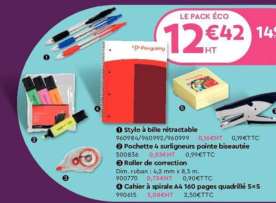 stylo à bille rétractable, pochette 4 surligneurs pointe biseautée, roller de correction, cahier à spirale a4 160 pages quadrillé 5x5