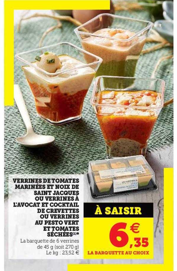 verrines de tomates marinées et noix de saint jacques ou verrines à l'avocat et cocktail de crevettes ou verrines au pesto vert et tomates séchées