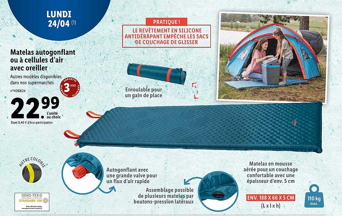 matelas autogonflant ou à cellules d'air avec oreiller
