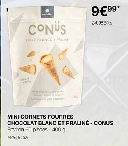 mini cornets fourrés chocolat blanc et praliné - conus