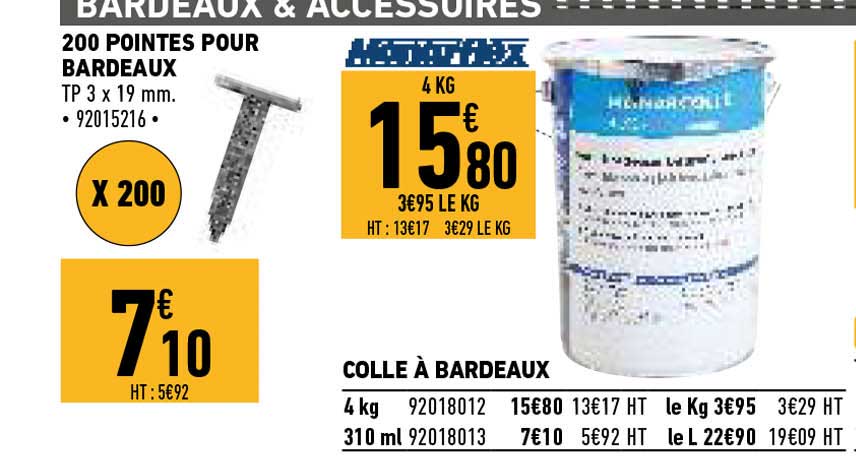 200 pointes pour bardeaux, colle à bardeaux