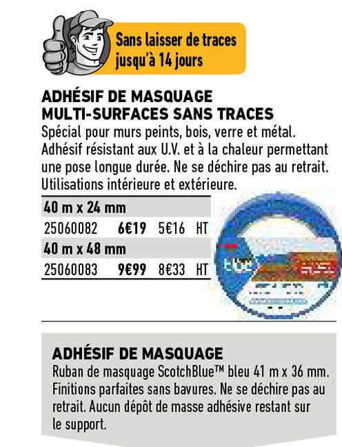 adhésif de masquage multi-surfaces sans traces, adhésif de masquage