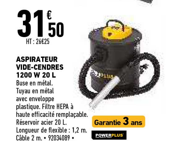 aspirateur vide-cendres 1200w 20l