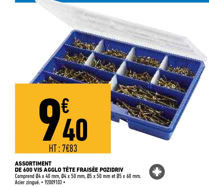 assortiment de 600 vis agglo tête fraisée pozidriv