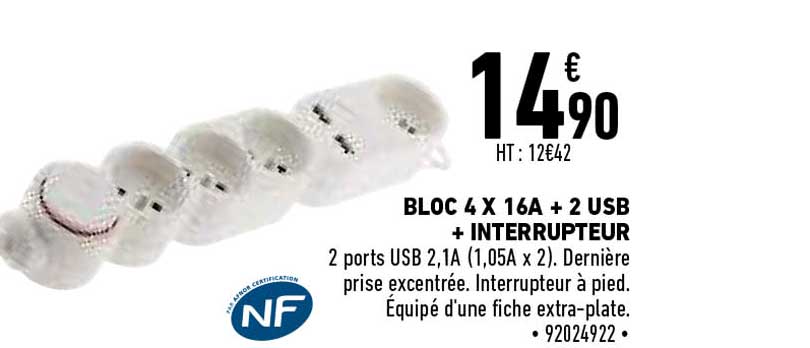 bloc 4 x 16a + 2 usb + interrupteur