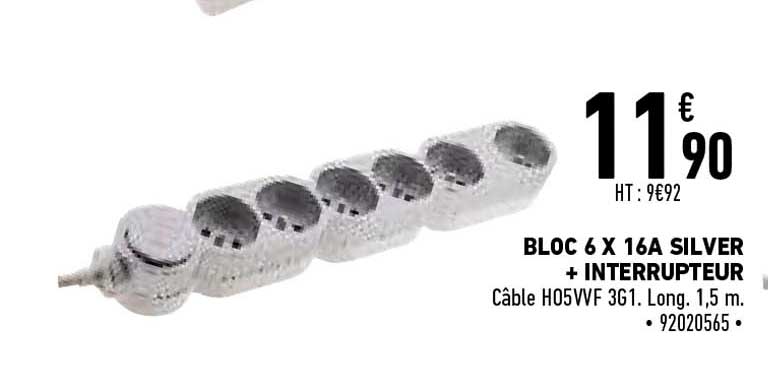 bloc 6 x 16a silver + interrupteur