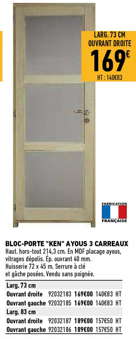 bloc-porte "ken" ayous 3 carreaux