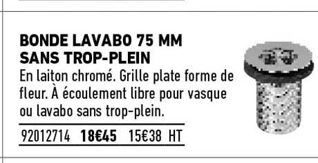 bonde lavabo 75 mm sans trop-plein