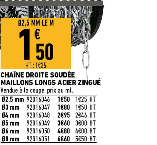 chaîne droite soudée maillons longs acier zingué