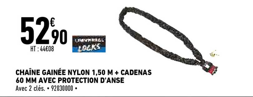 chaîne gainée nylon 1.50 m + cadenas 60 mm avec protection d'anse