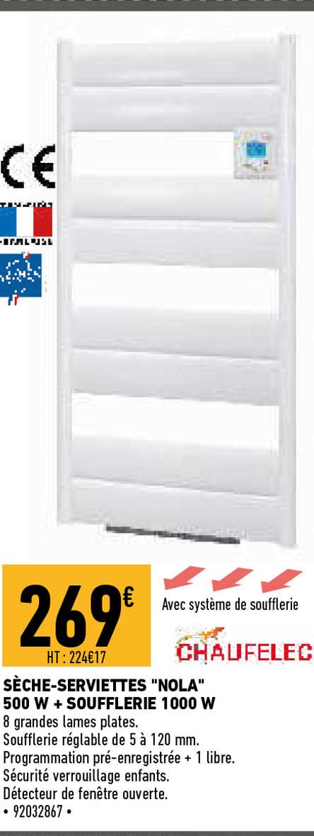 chaufelec sèche-serviettes nola 500 w + soufflerie 1000 w
