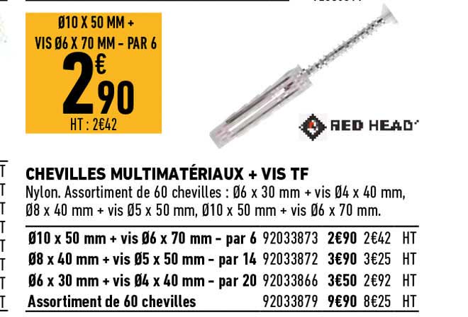 chevilles multimatériaux + vis tf red head