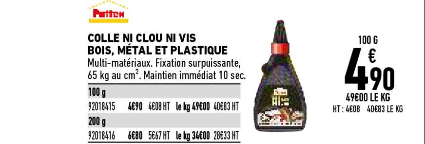 colle ni clou ni vis bois, métal et plastique
