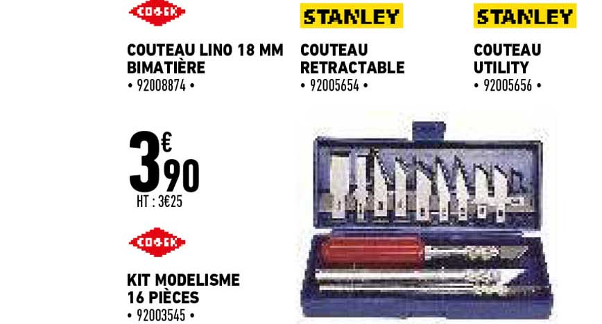 couteau lino 18 mm bimatière, couteau retractable, couteau utility stanley, kit modélisme 16 pièces