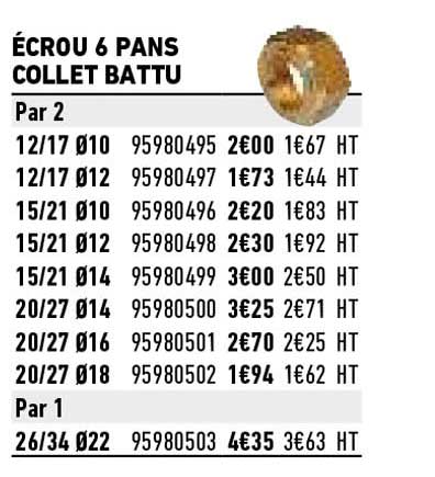 écrou 6 pans collet battu