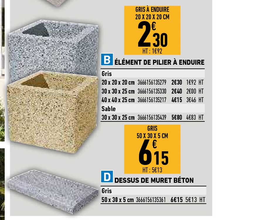 élément de pilier à enduire, dessus de muret béton