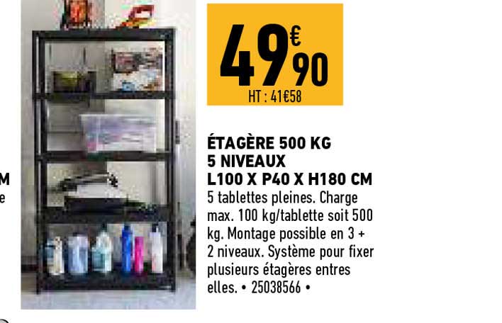 étagère 500 kg 5 niveaux l 100 x p40 x h180 cm
