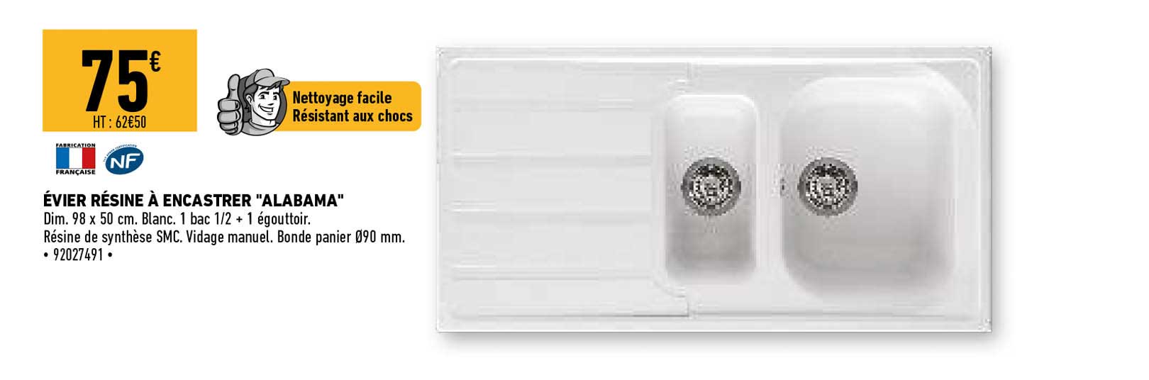 évier résine à encastrer "alabama"