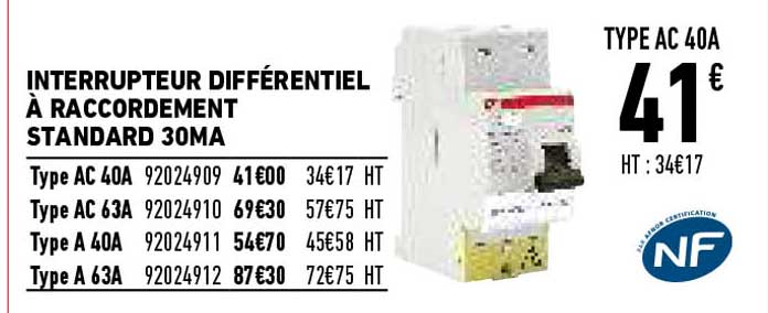 interrupteur différentiel à raccordement standard 30ma