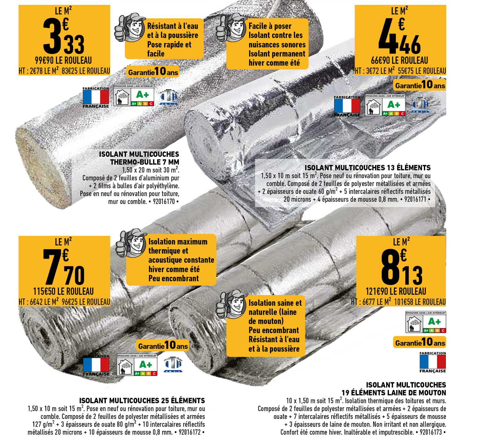 isolant multicouches thermo-bulle 7 mm, isolant multicouches 13 éléments, isolant multicouches 25 éléments, isolant multicouches 19 éléments laine de mouton