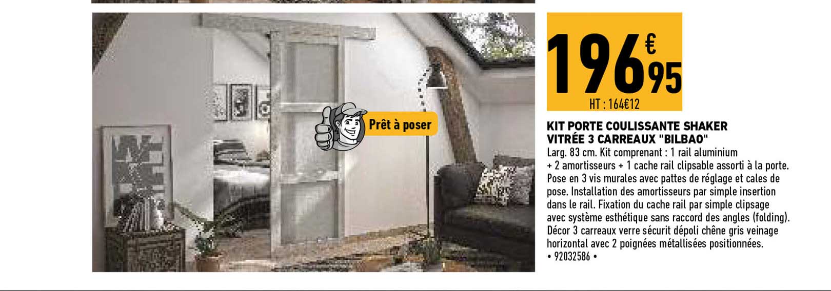 kit porte coulissante shaker vitrée 3 carreaux "bilbao"