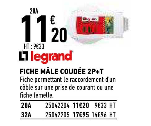 legrand fiche mâle coudée 2p+t