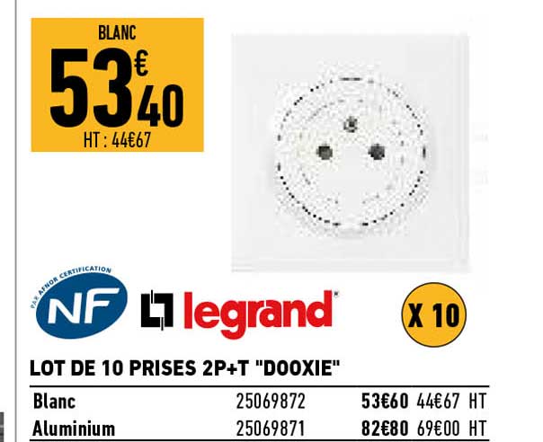 legrand lot de 10 prises 2p+t "dooxie"