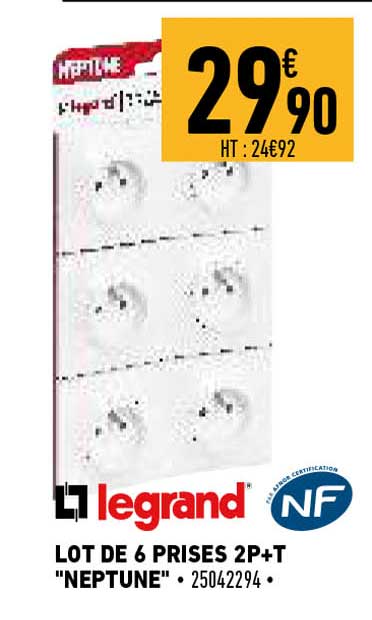 legrand lot de 6 prises 2p+t "neptune"