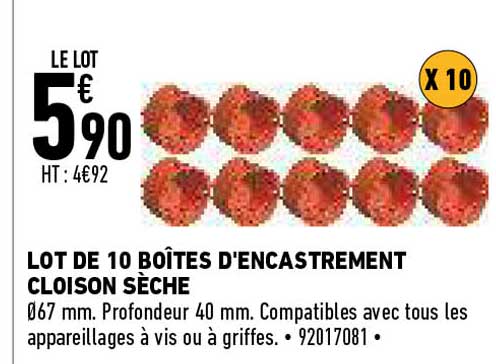 lot de 10 boîtes d'encastrement cloison sèche