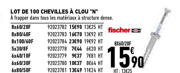 lot de 10 chevilles à clou "n" fischer