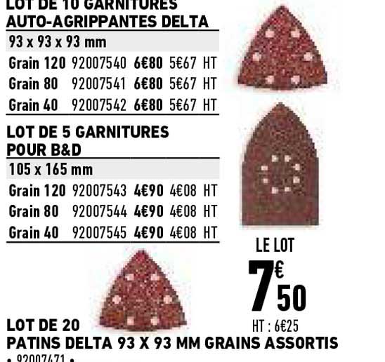 lot de 10 garnitures auto-agrippantes delta, lot de 5 garnitures pour b&d, lot de 20 patins delta 93 x 93 mm grains assortis