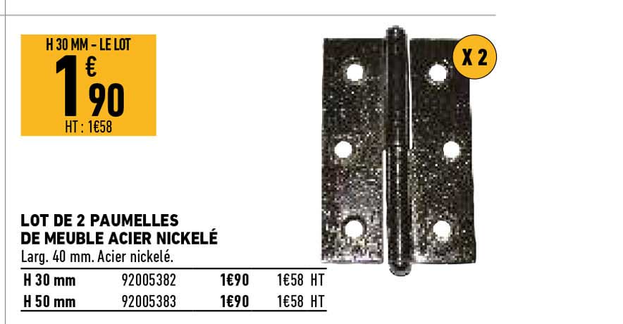 lot de 2 paumelles de meuble acier nickelé