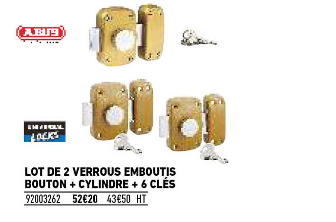 lot de 2 verrous emboutis bouton + cylindre + 6 clés abus