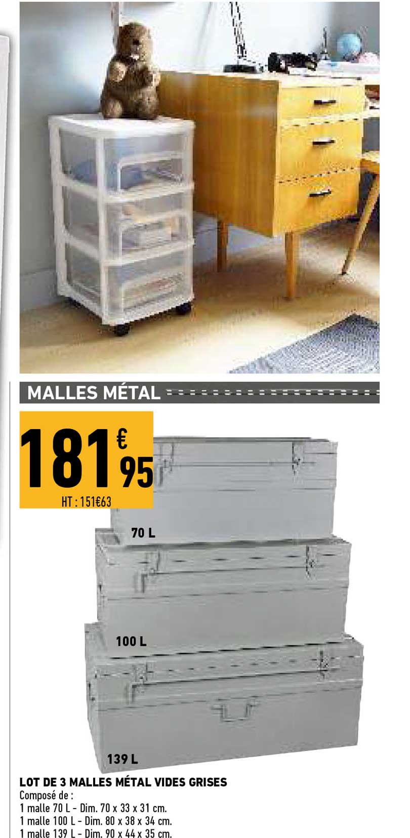 Lot De 3 Malles Métal Vides Grises