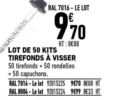 lot de 50 kits tirefonds à visser