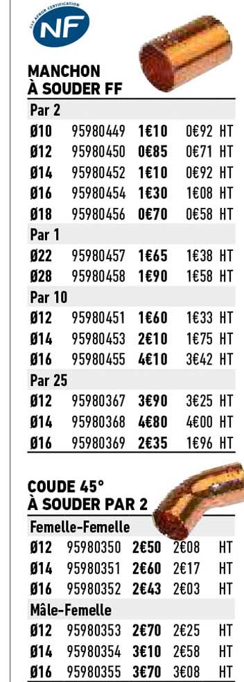 manchon à souder ff, coude 45° à souder par 2