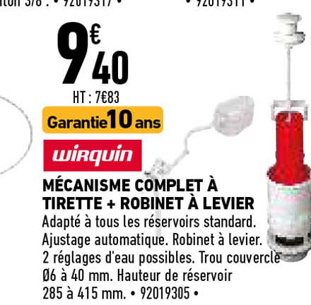 mécanisme complet à tirette + robinet à levier wirquin