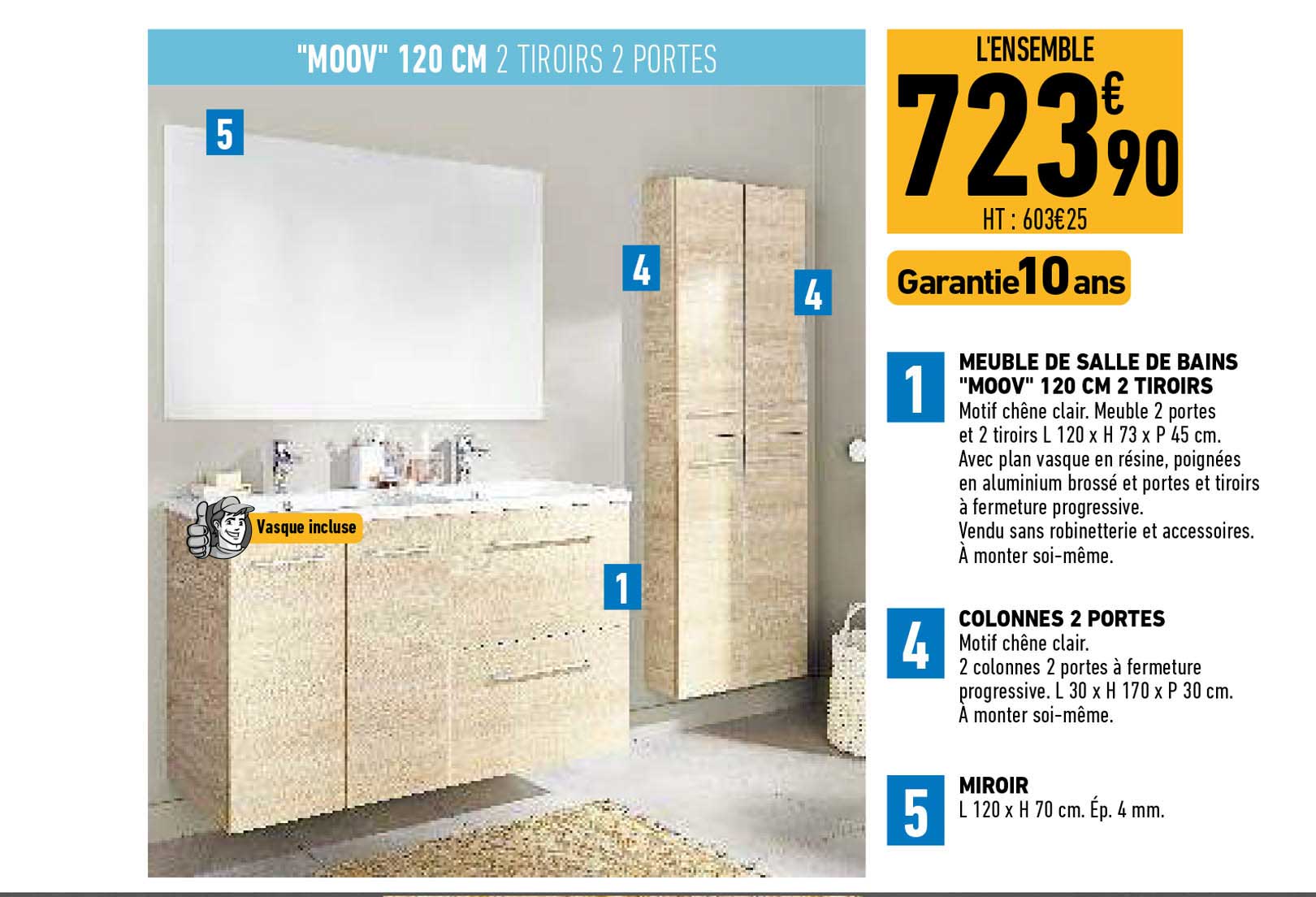 meuble de salle de bains "moov" 120 cm 2 tiroirs, colonnes 2 portes, miroir
